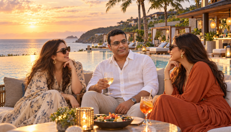 Adult travelers relaxing at a peaceful luxury adults-only beach resort