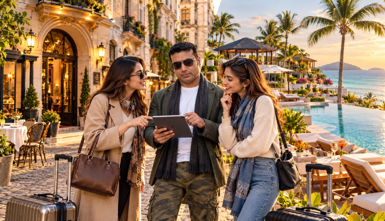 Travelers comparing an intimate boutique hotel with a large luxury resort before booking