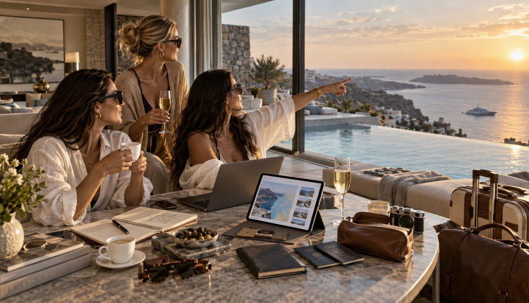 Luxury travelers planning a private vacation with a laptop, resort views, luggage and concierge support