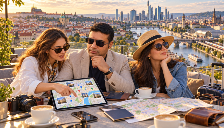 Traveler comparing hotel locations on a city map before booking accommodation