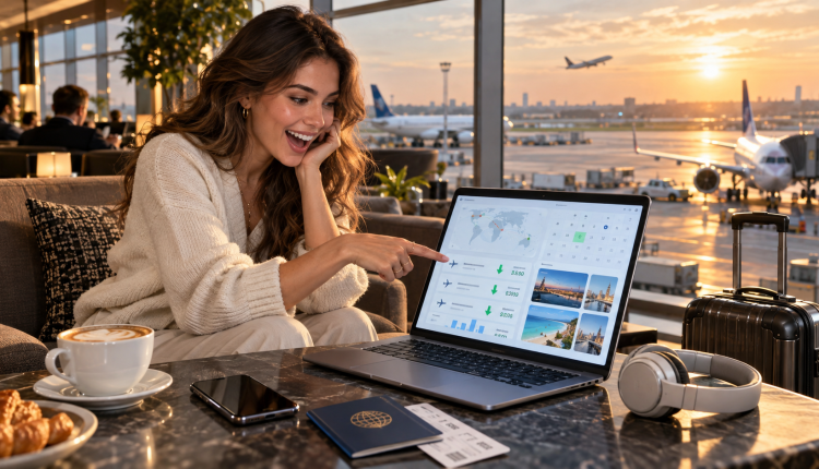 Traveler using AI on a laptop to compare cheap flights, flexible dates and airfare deals
