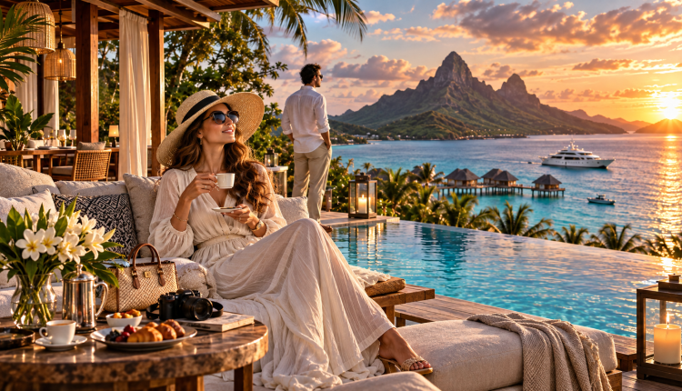 Newlywed couple enjoying a luxury honeymoon at a private tropical resort overlooking turquoise water