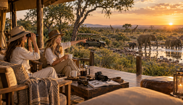 Luxury safari lodge overlooking elephants and African savannah at golden hour