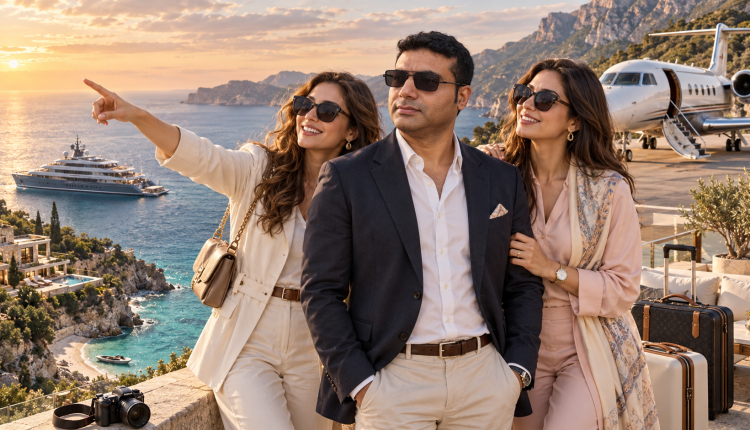 Luxury traveler experiencing an exclusive private-jet, yacht and remote-island vacation