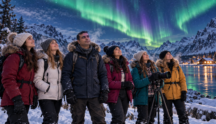 Travelers watching the northern lights over a snowy Arctic landscape