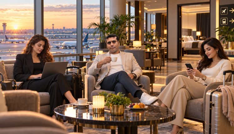 International travelers relaxing in a stylish airport hotel with runway views and premium amenities