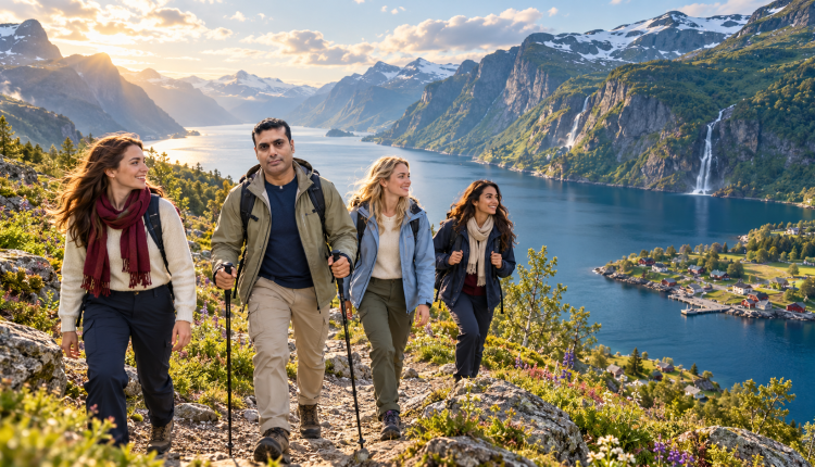 Travelers enjoying a cool summer vacation beside mountains and a fjord in one of the best coolcation destinations