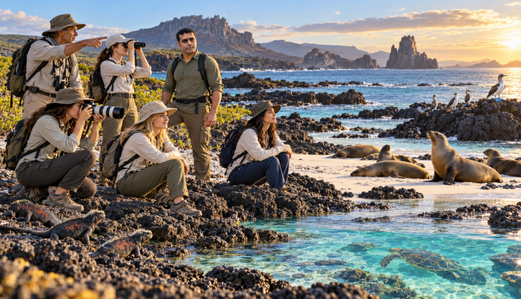 International travelers observing wild animals on a remote coastal nature expedition without a traditional safari vehicle