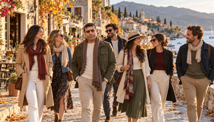 International travelers exploring a scenic European destination during the quieter shoulder season
