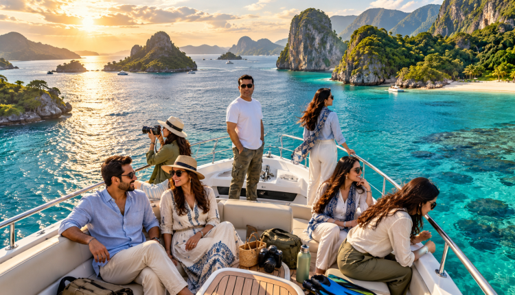 International travelers island hopping by boat between tropical islands with turquoise water