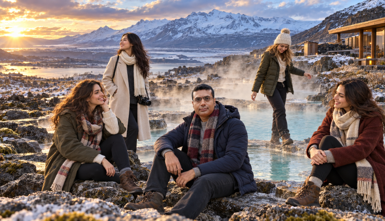 Travelers relaxing in a scenic natural hot spring surrounded by mountains and geothermal steam