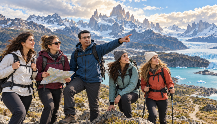 First-time travelers exploring Patagonia with mountain peaks, glaciers and turquoise lakes