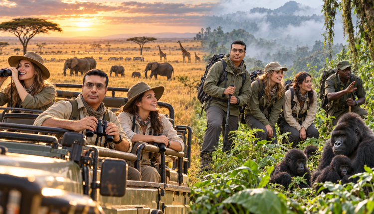 Travelers comparing an African safari with mountain gorilla trekking in a rainforest